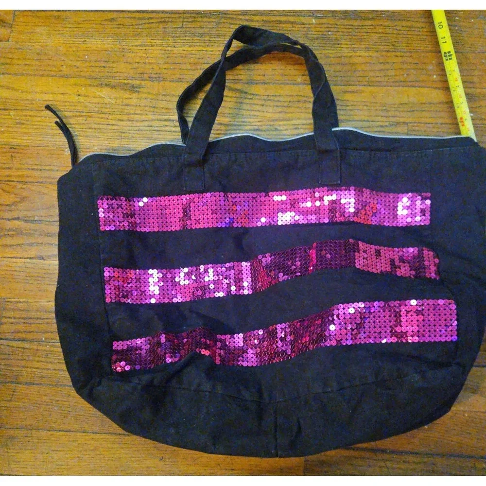 Victorias Secret Black Pink Sequin Stripe VS Logo Canvas Zipper Tote Bag Large